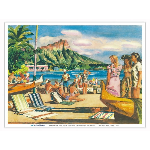 Waikiki Beach Oahu Hawaii - United Air Lines - Vintage Airline Travel Poster by Millard Sheets c.1951 - Master Art Print (Unframed) 9in x 12in