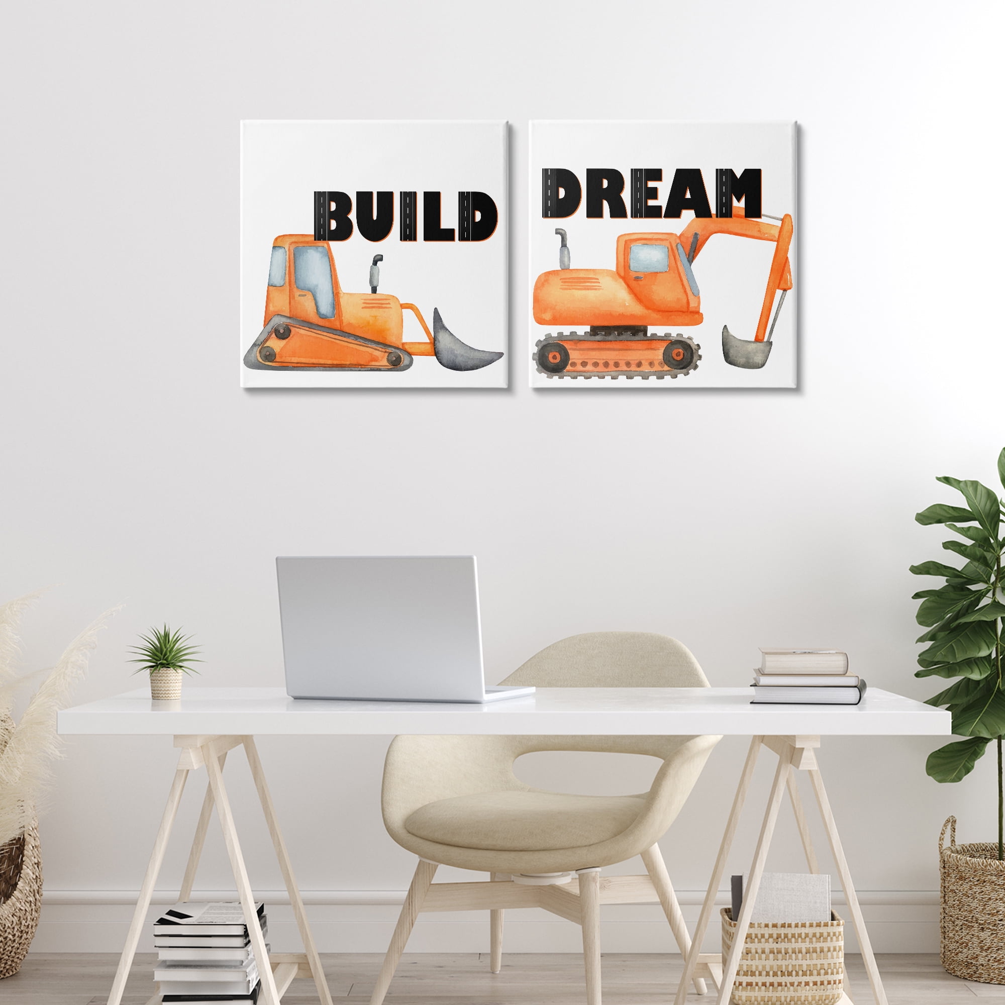 Build & Dream Construction Vehicles 2 Piece Canvas Wall Art Set, design by Kim Allen