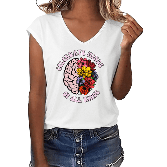 UNISHE Women's Celebrate Minds of All Kinds Floral Brain Graphic V-Neck Short Sleeve T-Shirt Autism Awareness Tee