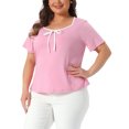 thumbnail image 4 of Agnes Orinda Women's Plus Size Easter Tops Contrast Trim Tie Knot Square Neck Short Sleeve T-Shirts Casual Blouses 1X Pink, 4 of 5