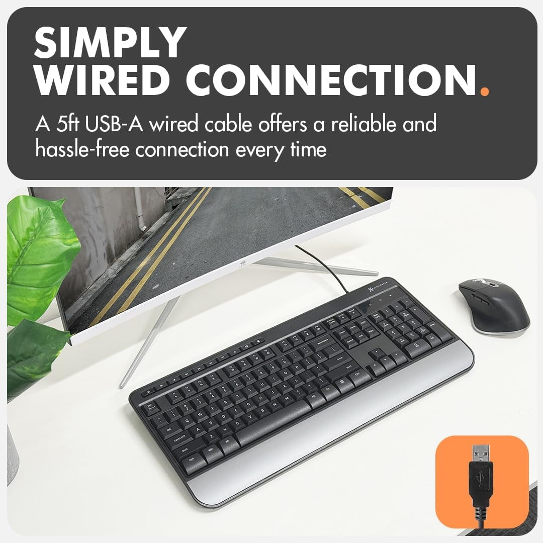 X9 Performance Multimedia USB Ergonomic Keyboard Wired - Take Control of Your Media - Full Size Wired Keyboard with Wrist Rest and 114 Keys - External Wired Computer Keyboard for Laptop and Office PC
