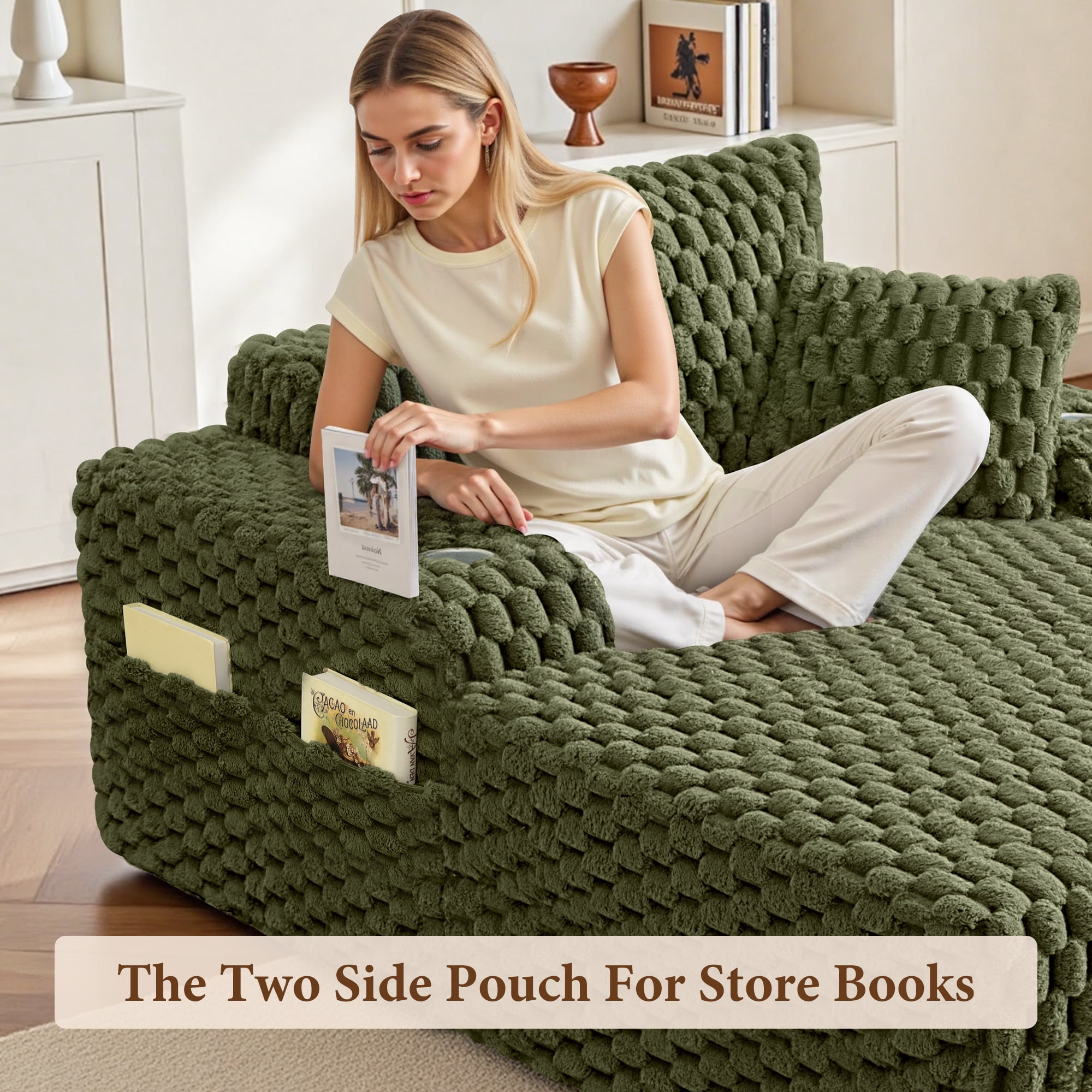 ATHOPE 67" Chaise Lounge Chair Indoor, Corduroy Couch Chair with Pillows, Comfy Reading Chairs with Wide Arms, Upholstered Sleeper Sofa for Living Room, No Assembly Required, Green