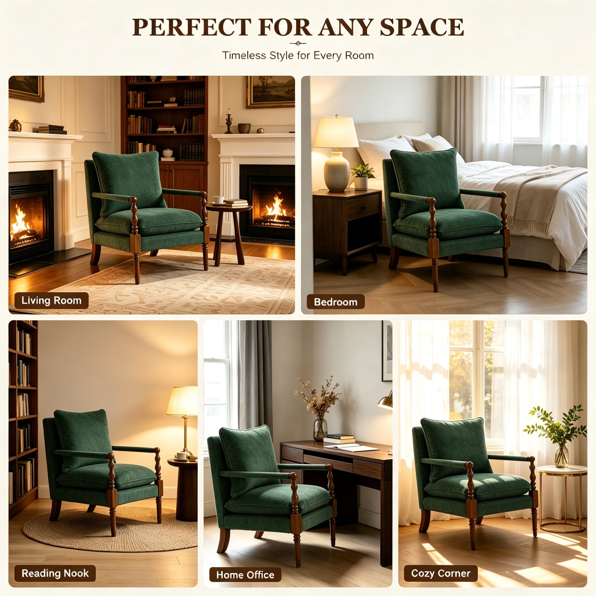 Mid-Century Modern Spindle Armchair,Linen Accent Chair with Cushion & Wood Frame for Living Room Bedroom Office,Emerald