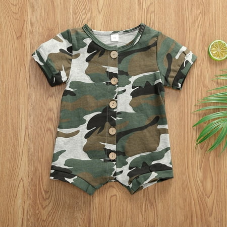 

Nokpsedcb Infant Baby Boys Short Sleeve Romper Round Collar Camouflage Stripe Pattern Button Open Front One-piece Jumpsuit Camouflage 6-12 Months