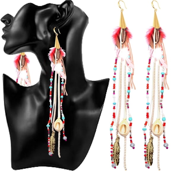 2pcs Bohemian Feather Dangle Earrings with Shell Beads Multicolored Long Fringe Tassel Natural Feathers Drop Earring Hooks for Women Wedding Engagement Party Gifts