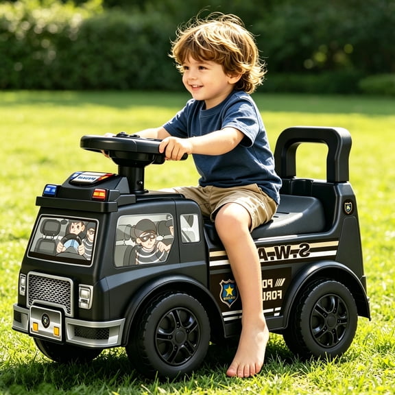 Allobebe Police SWAT Foot-to-Floor Ride-On Push Car for Toddlers 18-36 Months, Music Steering Wheel, Horn & Under-Seat Storage, Kids Ride-On Toy, Black