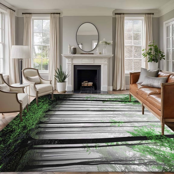 Area Rug for Living Room, Green Forest Non-Slip Indoor Large Carpet for Bedroom/Dining Room, Vintage Foggy Woods Tree Mysterious Washable Low-Profile Rectangle Floor Runner Rugs - 6 x 9 Ft