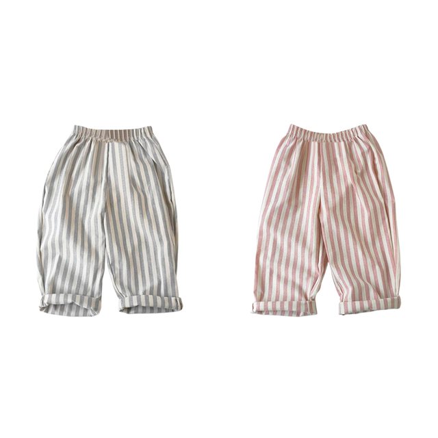 (2-Pack) Rinsvye Kids Linen Blend Stripe Pants Spring Summer Casual Trousers Adjustable Waist Loose Fit Korean Style Childrens Daily Wear