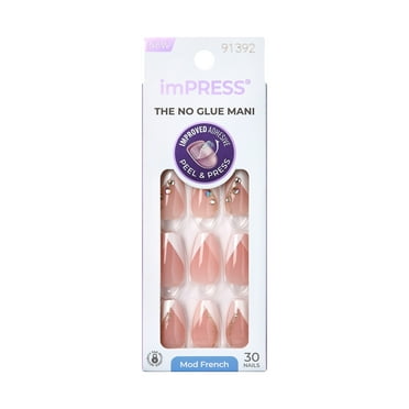 KISS imPRESS Modern French Tip Medium Coffin Press-On Nails, White, 30 Pieces