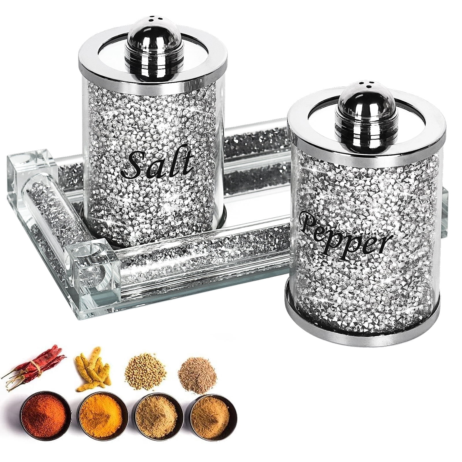 HMRCYTE Crystal Glass Salt & Pepper Shakers Set With Tray - Silver Crushed Diamond Design, 3-Piece Kitchen Organizer