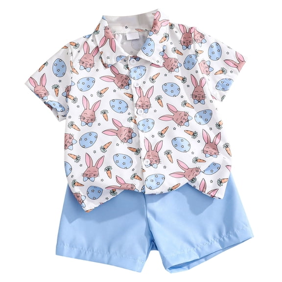 newwalpole Toddler Boys Easter Outfits Adorable Bunny Embroidery Short Sleeve Round Neck Tops and Plaid Shorts Set Sky Blue for Size 6-9 Months
