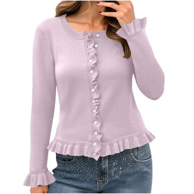 Cardigan à Volants pour Femmes 2025 - Chandail Court Boutonné / Mignon Col Rond Manches Longues Mode Automne