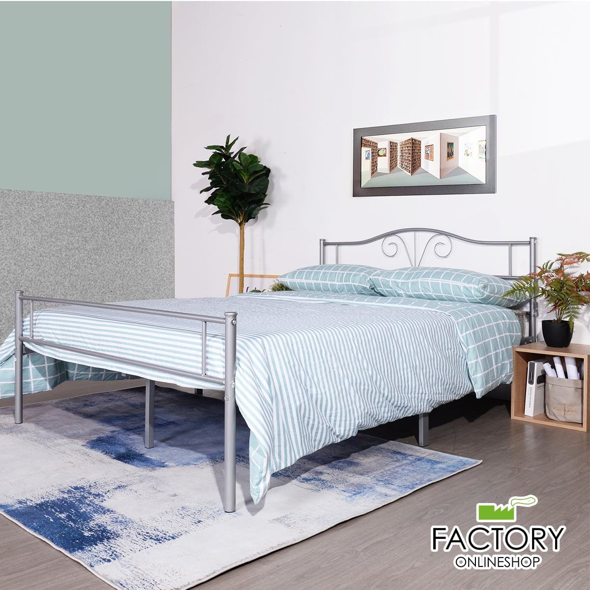 Geniqua Queen Size Bed Frame Silver, Queen Size Silver Bed Frame