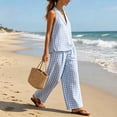 thumbnail image 4 of Cagogo Women Plus Size 2 Piece Halter Neck Sleeveless Tank Top Wide Leg Pants Set Plaid Boho Beach Outfits Loose Summer Vacation Cruise Matching Lounge Suit Tracksuits, Blue L, 4 of 6