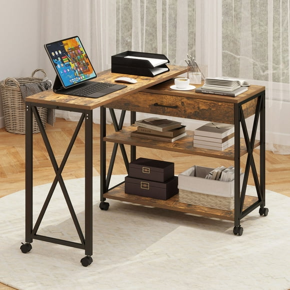 DEXTRUS 360° Free Rotating Computer Desk, Mobile Writing Table with Drawer and Shelves, Rustic Brown