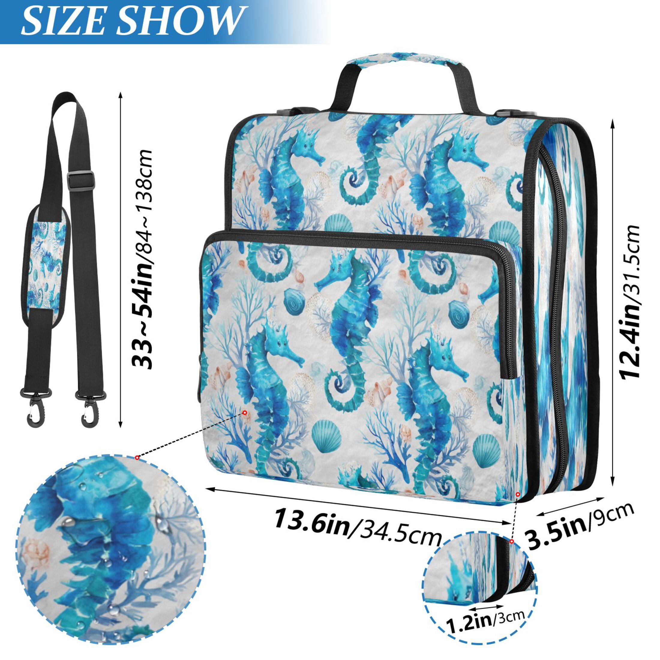 3 Ring Zipper Binder Stationery Organizer for Study Work Home Travel, All-Purpose File Folder Storage Bag for Daily Document Organization Watercolor Blue Seahorse Pattern