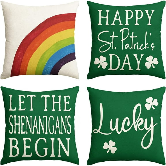 AVOIN Happy St Patricks Day Saying Shamrock Throw Pillow Cover, 18 x 18 Inch Watercolor Rainbow Lucky Clover Cushion Case for Sofa Couch Set of 4