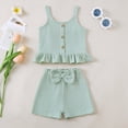 thumbnail image 4 of Toddler Baby Girl Outfits Solid Summer Clothes Ruffled Spaghetti Strap Short Sleeve Shirt Tops Cute Bow Shorts Set Kaprioy Toddler Girl Clothes 18 24 Months 2T 3T 4T, 4 of 7