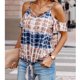 thumbnail image 2 of Top con hombros descubiertos para mujer, cuello redondo, tirantes, tinte dibujo anudado, moda para el verano, trabajo diario, compras, marrón claro XXL, 2 of 8