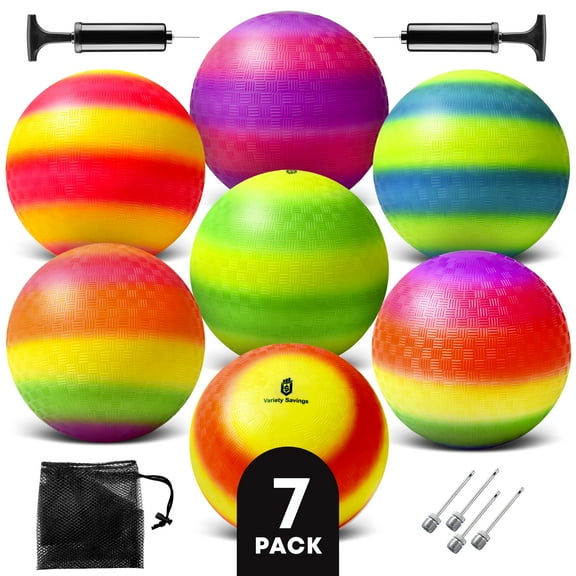 7 Pack 8.5 Inch Rainbow Playground Balls ? Bouncy Balls for Kids, Seniors & Adults ? Inflatable Colored Rubber Balls for Kickball, Dodgeball, Handball ? Mesh Storage Bag, 2 Pumps & 4 Pins