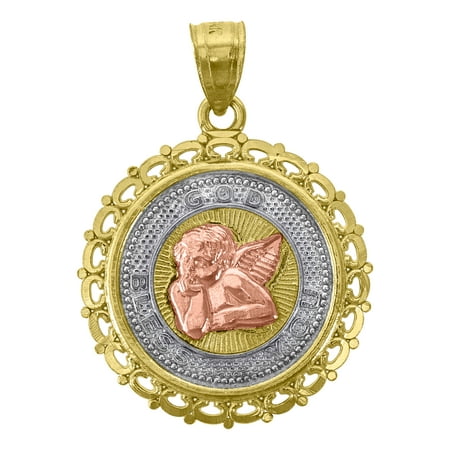 14k Gold Unisex Tri-Color Cupid Heart Round Medallion 27.5MM Pendant Charm