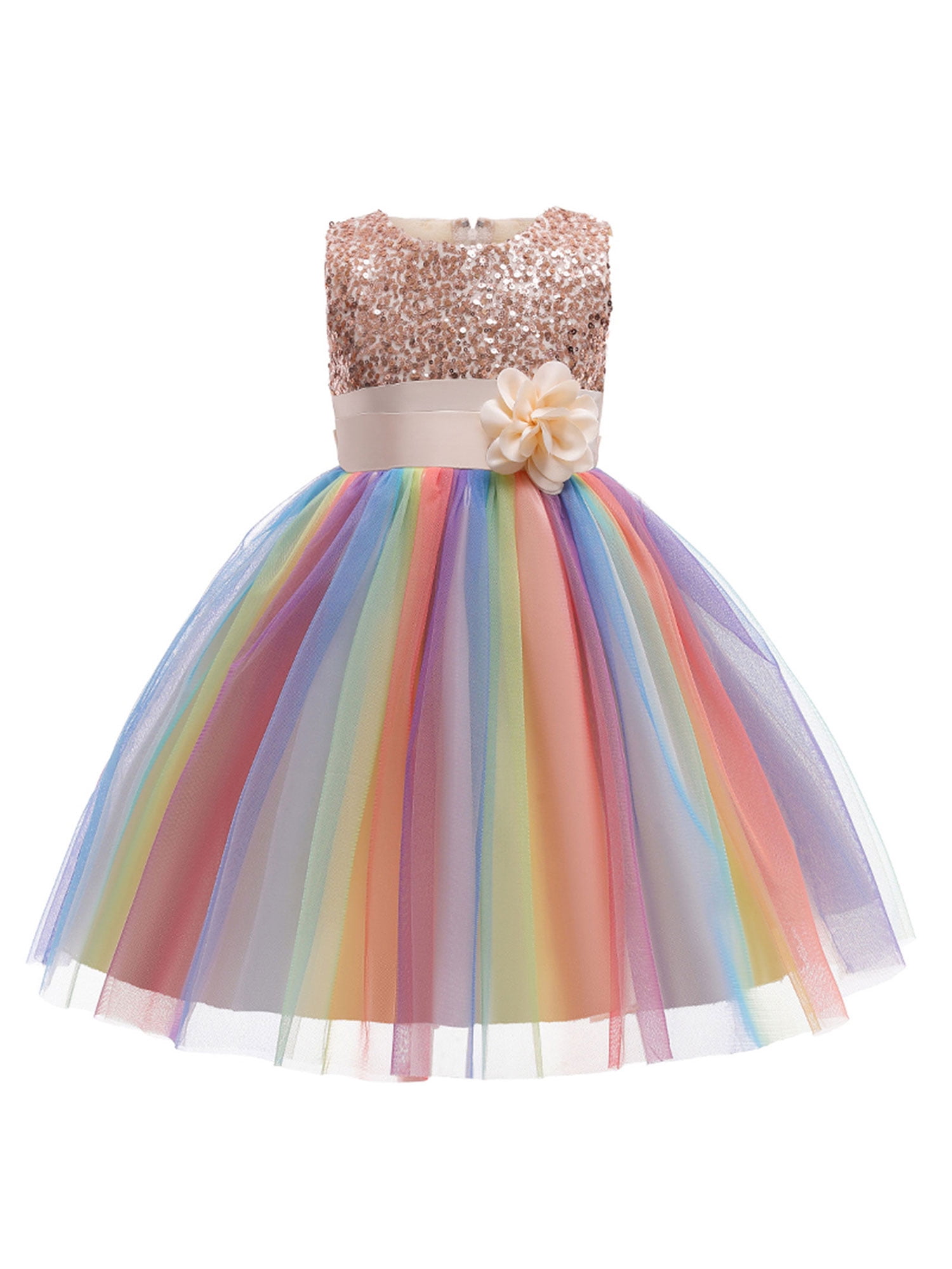 N/ D Toddler Baby Girl Flower Sequin Round Neck Sleeveless Dresses Rainbow Mesh Princess Dress Tutu Evening Dress 