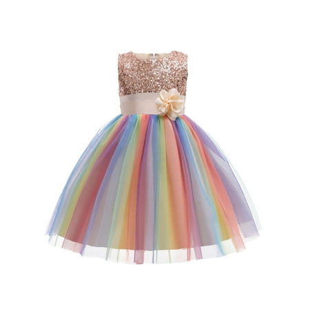 

Gureui Toddler Baby Girl Flower Sequin Round Neck Sleeveless Princess Dresses Rainbow Mesh Princess Dress Tutu Evening Dress