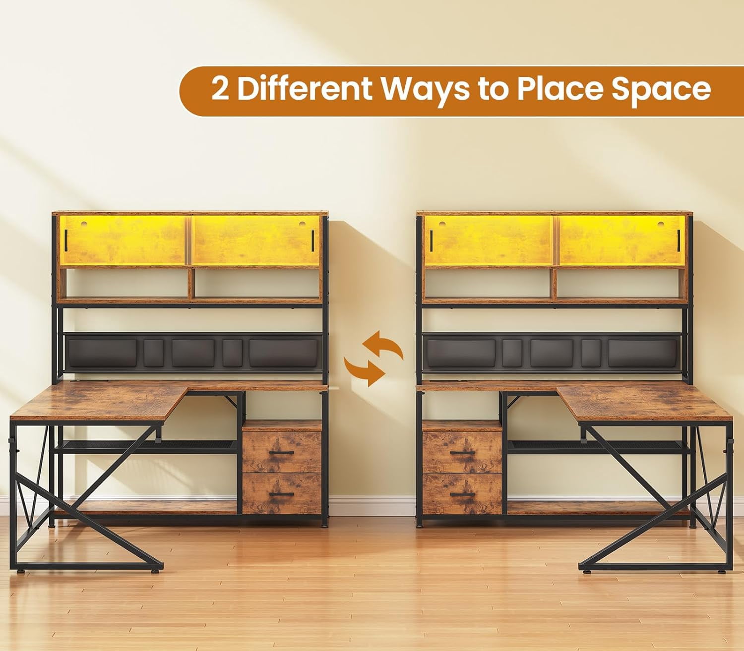 SEDETA L Shaped Desk with Ample Storage, Gaming Desk with LED Lights & Power Outlets, Home Office Desk with Drawers, Glass Cabinets & Open Shelves, Corner Desk with Spacious Desktop, Rustic Brown