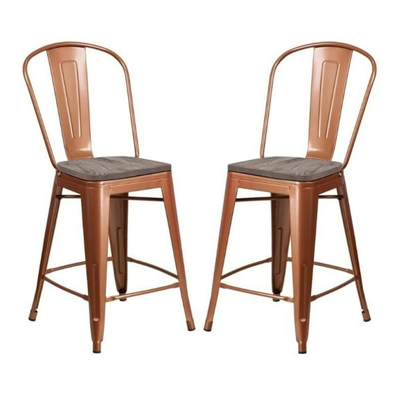 Home Square 24" Metal Counter Stool in Copper and Wood Grain - Set of 2