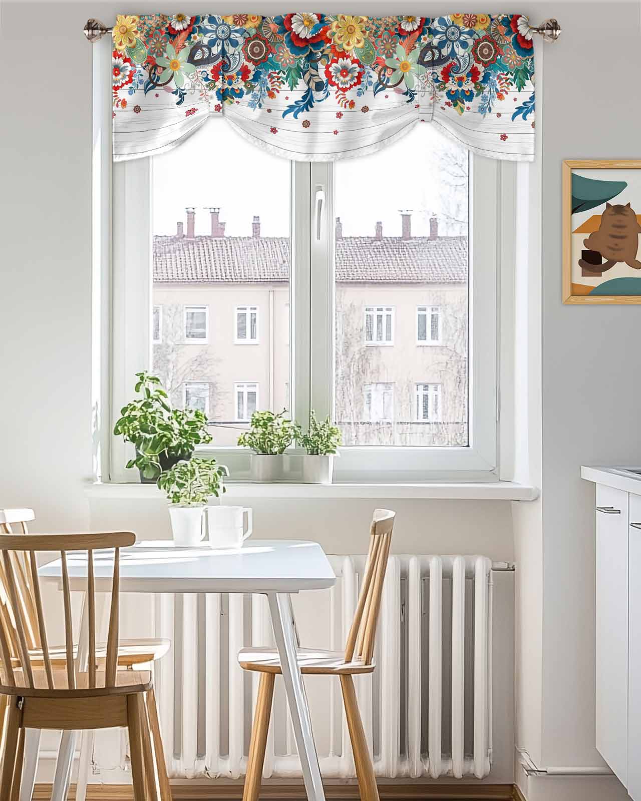 Boho Floral Tie Up Valances Curtain, Adjustable Kitchen Abstract Bohemian Bloom Flower Colorful Plant Wood Valances for Windows Decor, Rod Pocket Short Curtains Set for Bedroom/Bathroom, 54"x18"