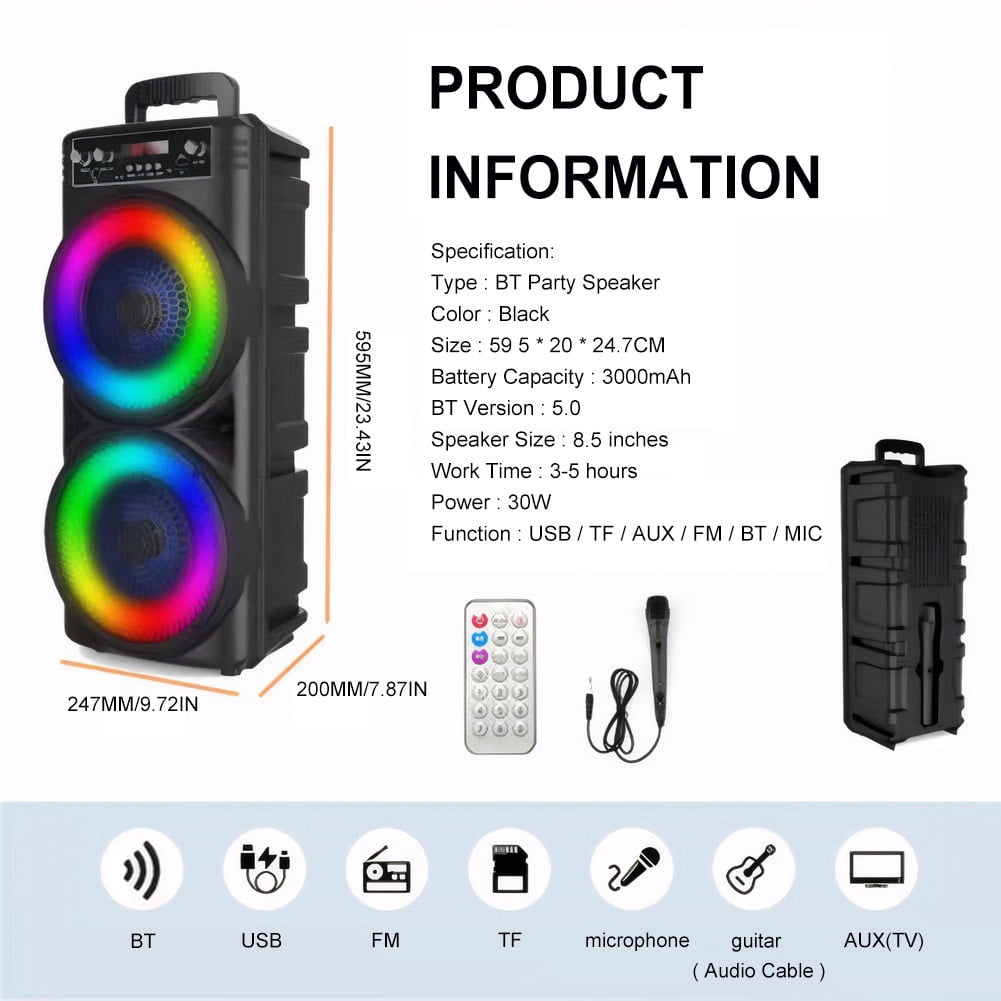 Bluetooth Speakers, Portable Wireless Loud Outdoor Home Party Bluetooth Speaker with Subwoofer, LED Colorful Lights, Microphone, Remote and Big Powerful Stereo Deep Bass Sound Boombox