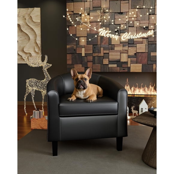 EDTara Barrel Club Accent Chair, Faux Leather Armchair With Soft Cushion for Bedroom or Reading Room