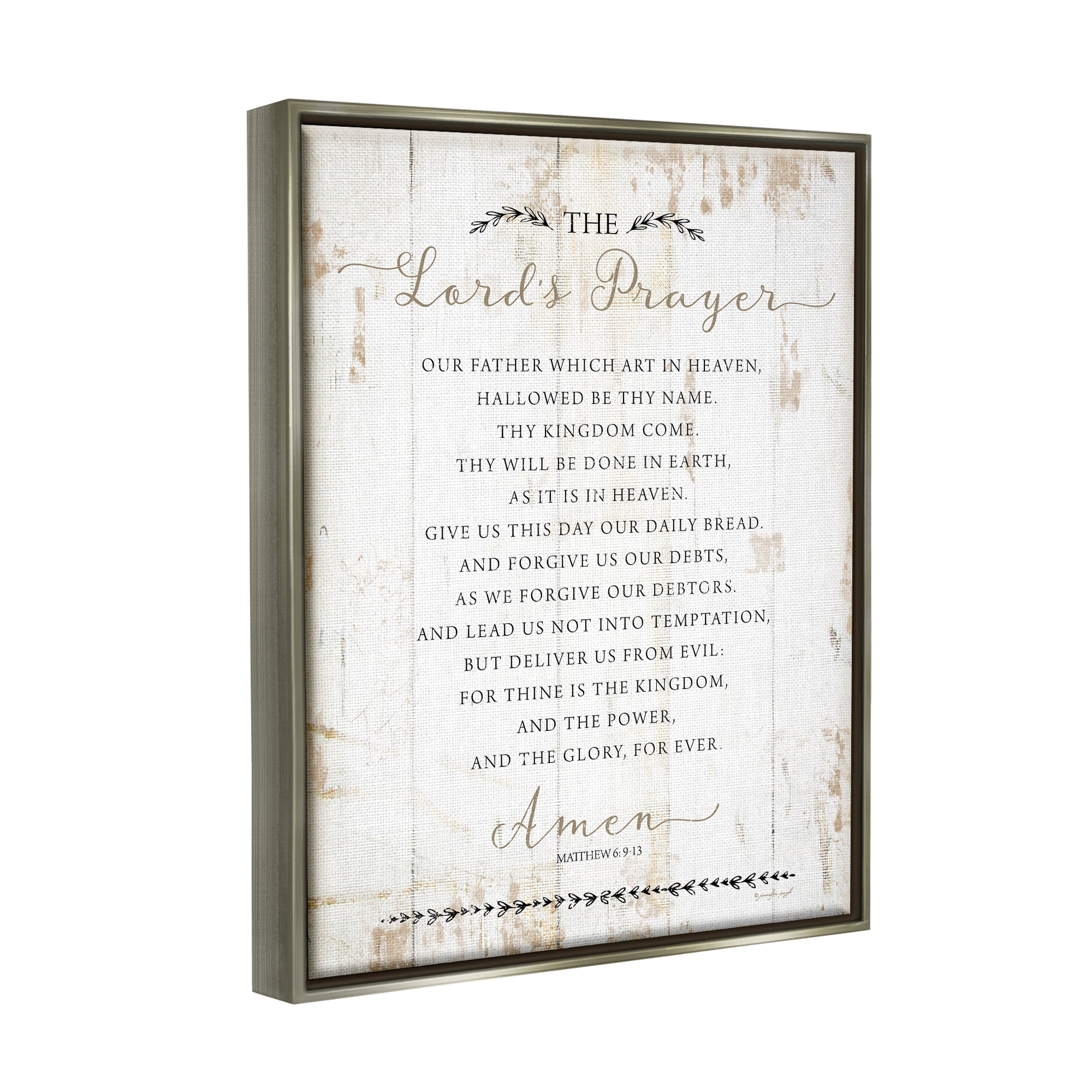 Stupell Industries The Lords Prayer Our Father Rustic Distressed White Wood Look Luster Gray Framed Floating Canvas Wall Art, 24x30, by Jennifer Pugh