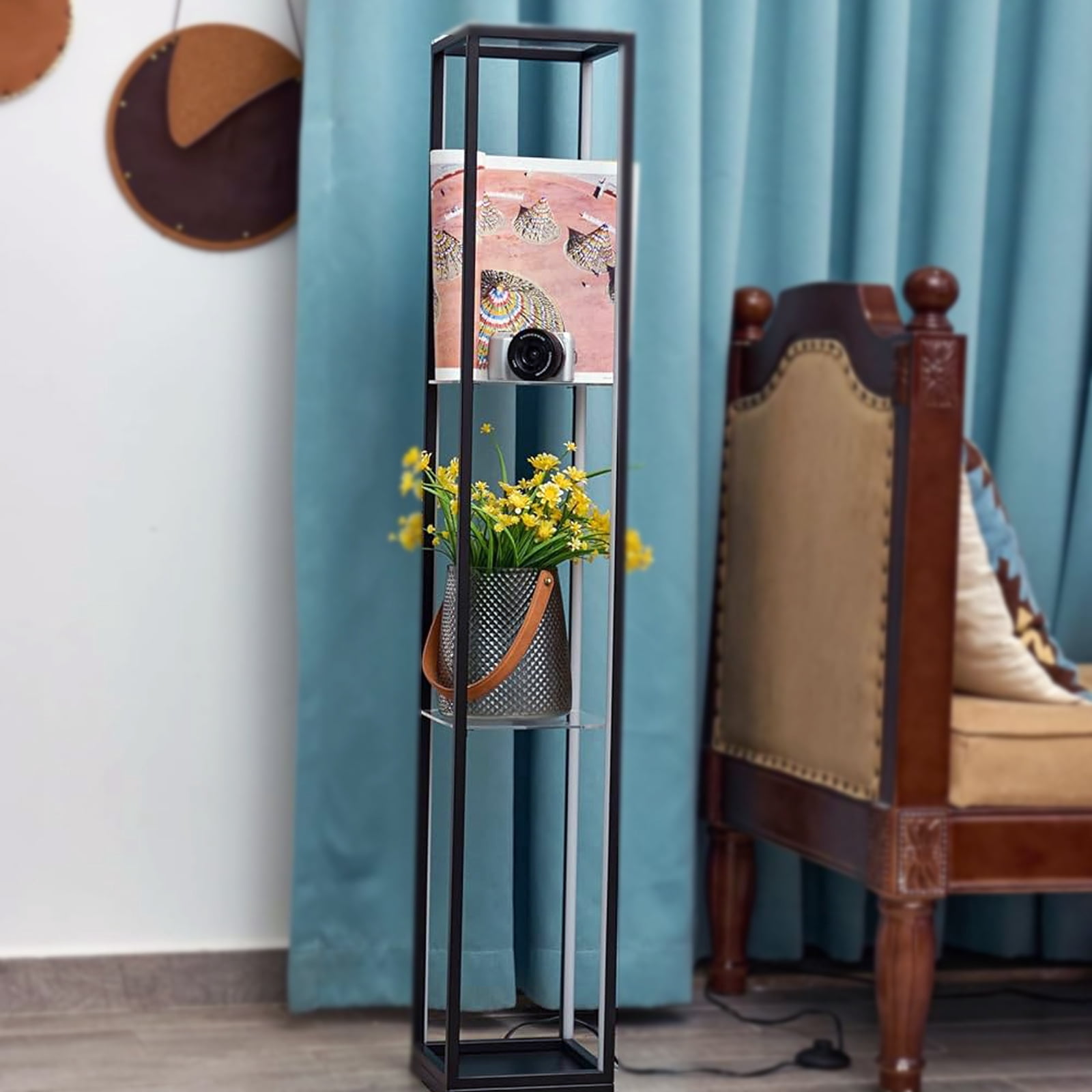 Floor Lamp with Shelves - Black LED Standing Lamps with Display Shelves for Living Room, Corner Bookshelf Floor Lamps with Charging USB Ports for Bedroom, Office (3000K Warm White)