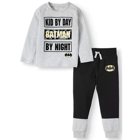 Batman Toddler Boy Long Sleeve Graphic T-shirt & Drawstring Fleece Jogger Pant, 2pc Outfit Sets