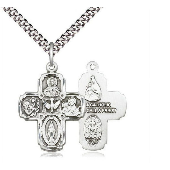 Extel Large Sterling Silver Traditional Catholic 5-Way Cross Cruciform Pendant with 24" chain with Miraculous Medal, St. Joseph, St. Christopher and Sacred Heart, Made in USA