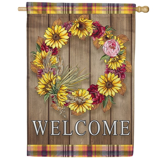 America Forever Sunflower Fall Wreath Welcome House Flag 28 x 40 inch Autumn Floral Foliage Plaid Check Farmhouse Seasonal Yard Outdoor Fall Decorations Double Sided Flag