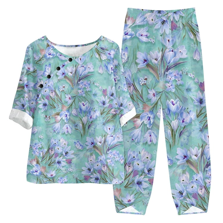 DDAPJ pyju Two Piece Outfits for Women,Floral Print Boho Beach Sets  Crewneck 3/4 Sleeve Linen Tops Wide Leg Pants Matching Sets Petite to Plus  Size 