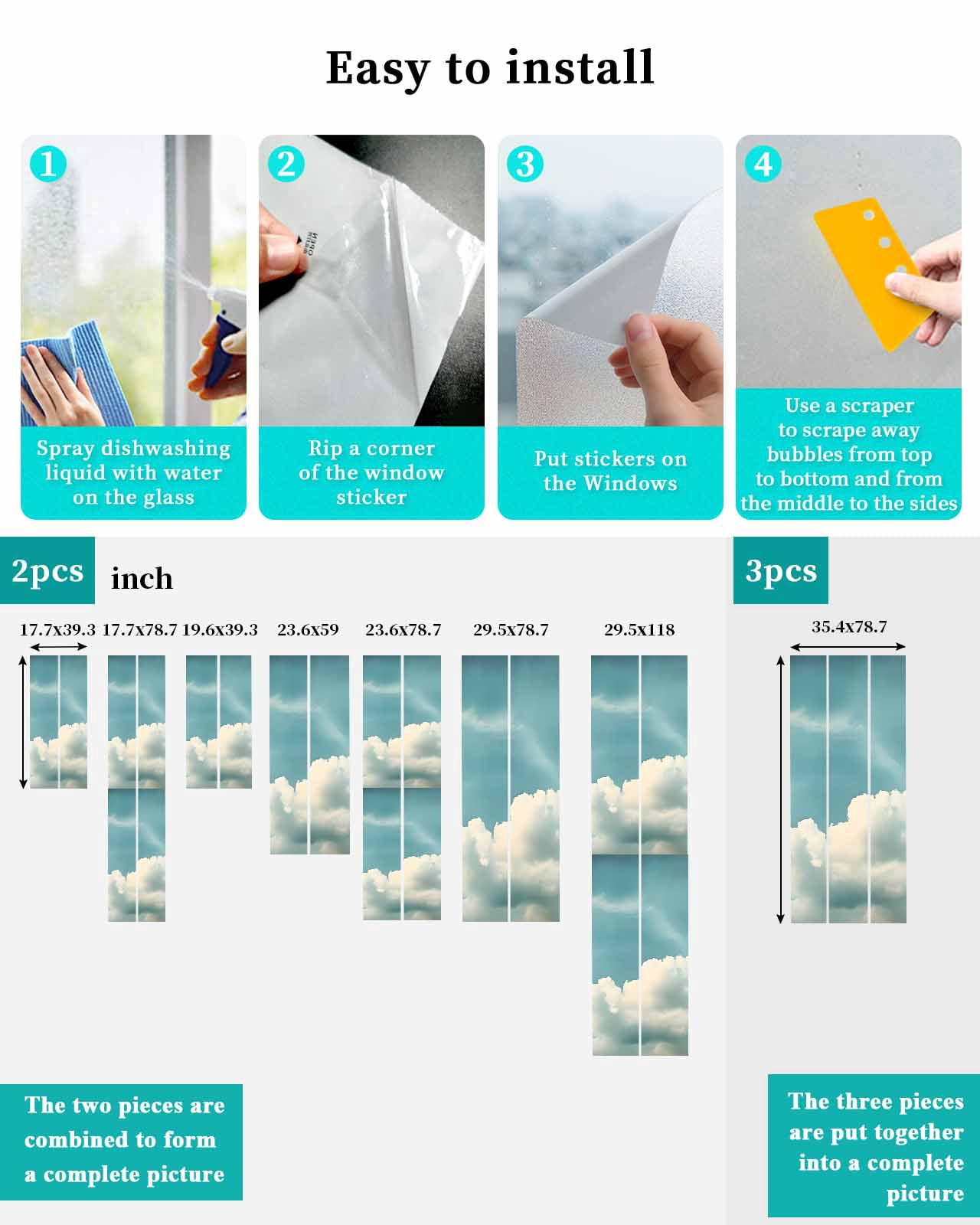 Window Privacy Film Light Blue Cloudy Sky Stained Glass Window Film Decorative Sun Block Window Cover Modern Retro Clouds Scenery Window Clings Static Adhesive Sticker for Bathroom 23.6"x59"