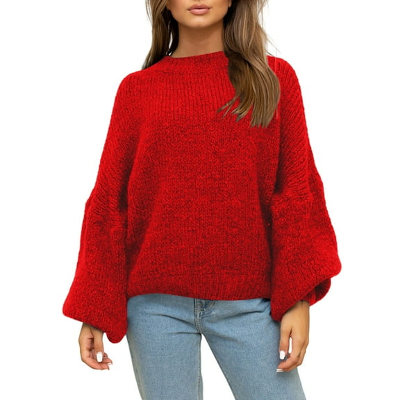 ManxiVoo Women's Oversized Cable Knit Crewneck Sweater Cozy Winter Soft Yarn Relaxed Fit Casual Long Sleeve Top M Size Red