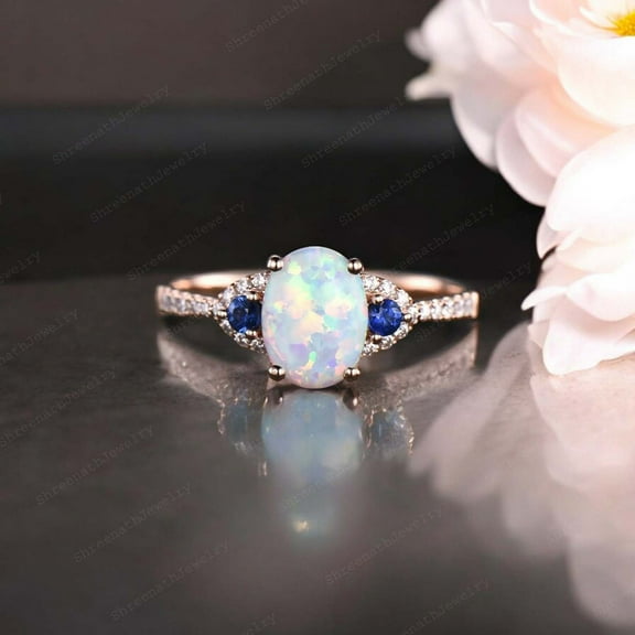 SHREENATHJEWELRY 8x6MM / 1.5CT Oval Shape Opal Promise Ring Sapphire Bridal Wedding Ring CZ Diamond Alternative Fine Jewelry Gift For Her