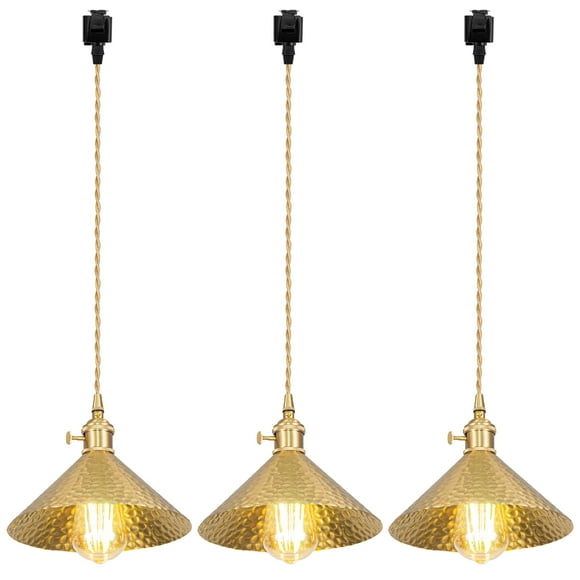 FSLiving Dimmable Juno Track Lighting Pendants, 3.2 Ft, J-Type Track Mounted Brass E26 Rotary Switch Socket Hammered Hand-Made Copper Industrial Style for Barn Bar 3 Lights Kitchen Ceiling