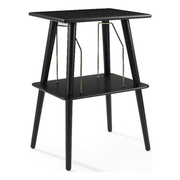 Pemberly Row Mid-Century Wood & Metal Turntable Stand in Black & Chrome