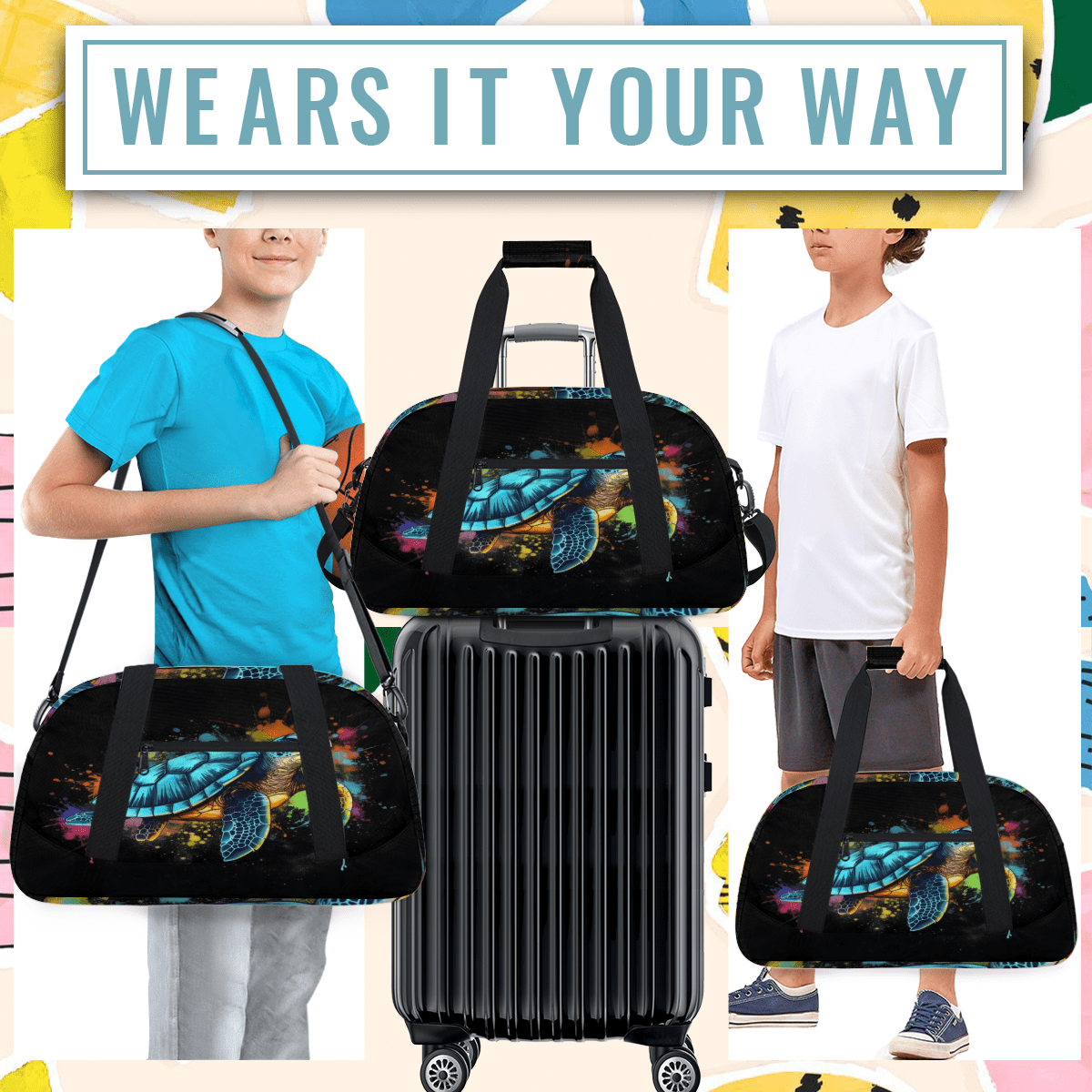 Herdesigns Colorful Sports Duffle Bag for Women & Men, Sea Turtle Gym Bag Dance Bag Overnight Bag Carry On Weekender Travel Bag