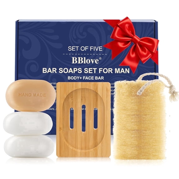 Men’s Bar Soap Gift Set - 5pc Handmade Soap Set with Natural Loofah & Bamboo Holder - Moisturizing Coconut Oil Soap Set - Ocean Breeze & Vanilla Scent