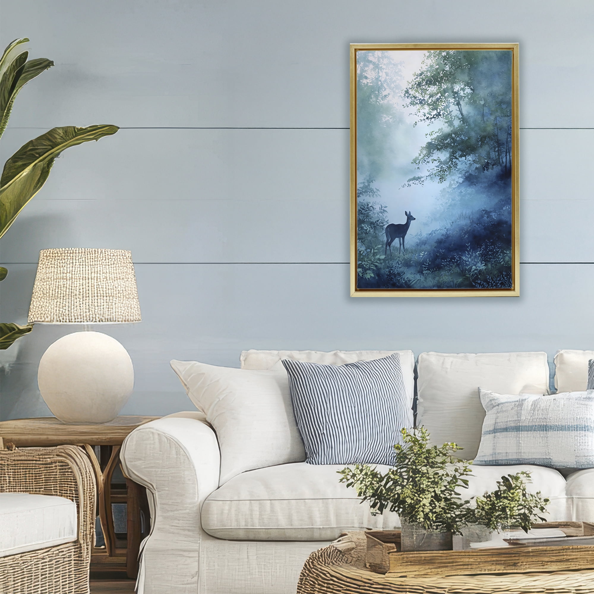 Stupell Industries Blue Dawn Deer in Mist Gold Framed Floater Canvas Wall Art, design by Franklyn Gregory