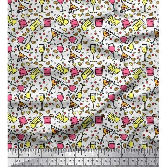 Soimoi Japan Crepe Satin Fabric Wine & Beer Beverages Printed Craft Fabric by The Yard 42 Inch Wide