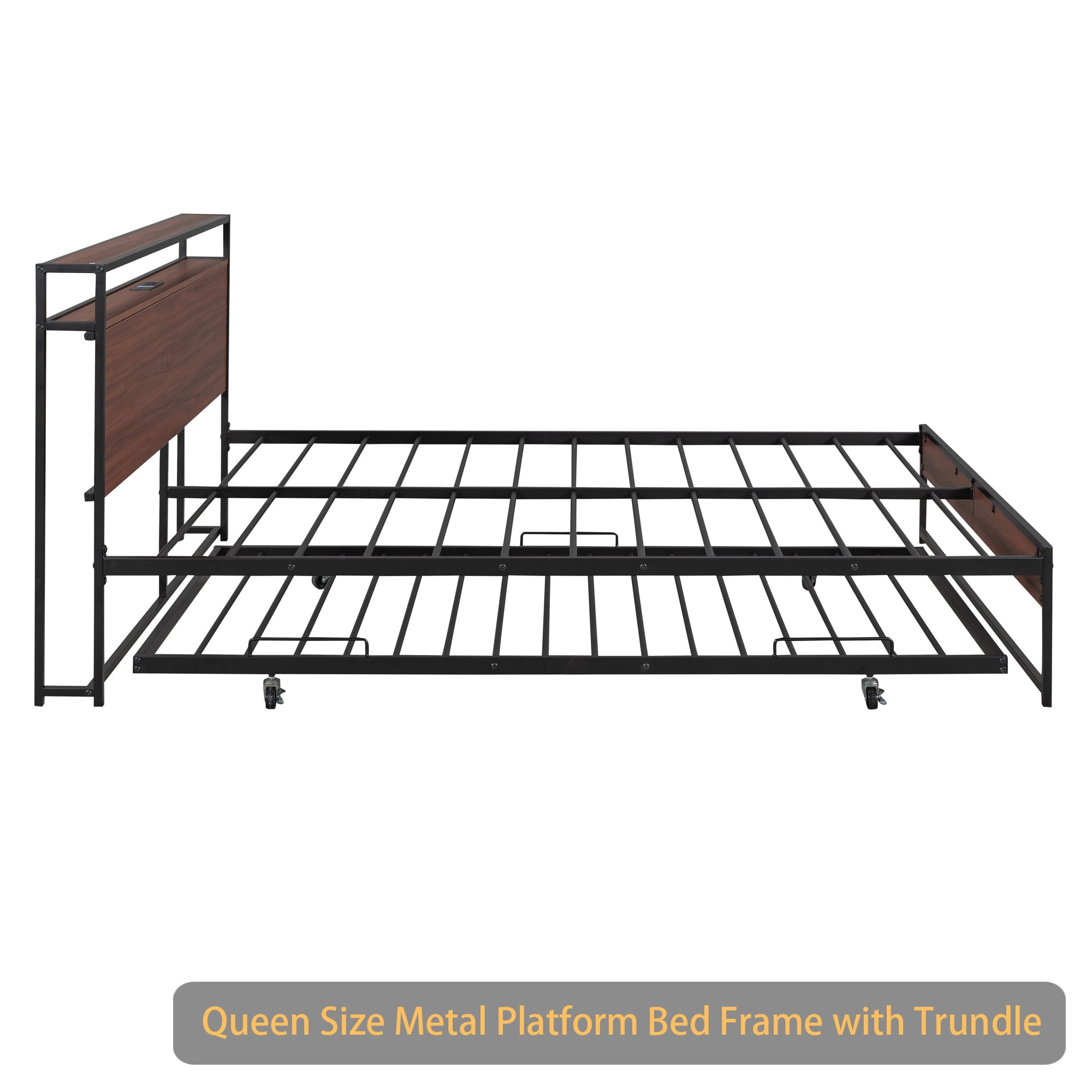 Queen Size Metal Platform Bed Frame with Trundle, USB Ports and Slat Support ,No Box Spring Needed Black