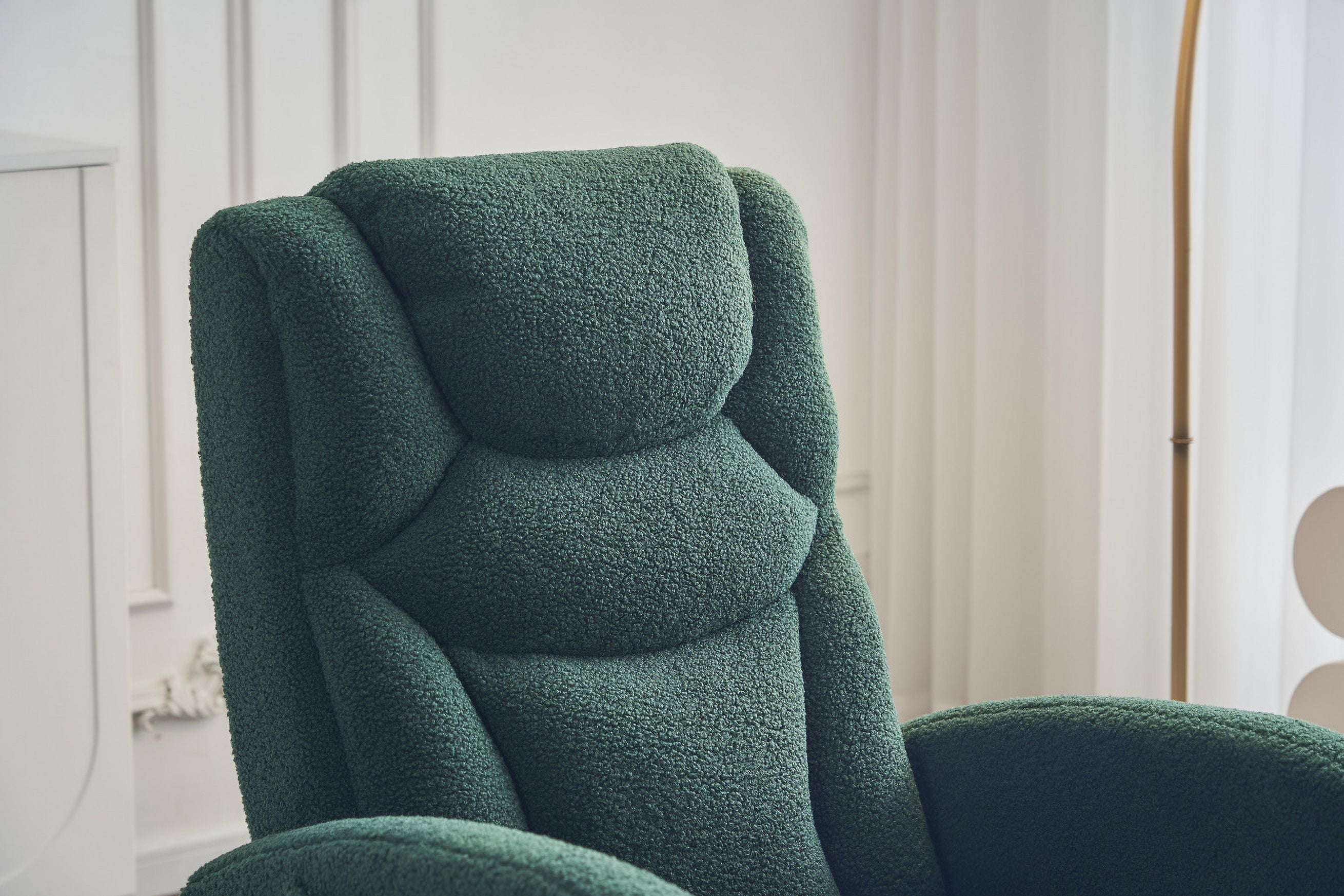 Nursery Rocking Chair with Two Side Pockets & Adjustable Footrest, Teddy Fabric Rocker with High Backrest, Modern Rocking Accent Chair for Living Room, Bedroom, Green