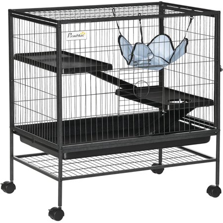 GlowPlume Small Animal Cage with Wheels, Pet Playpen for Syrian Hamster, Cat, Ferrets, Chinchillas with Bottom Storage Shelf, Removable Tray, Ramp, 31.5" x 20.5" x 33.1"